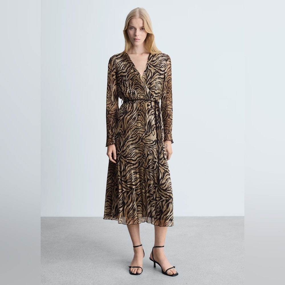 Mango brown leopard print dress with bow NWT